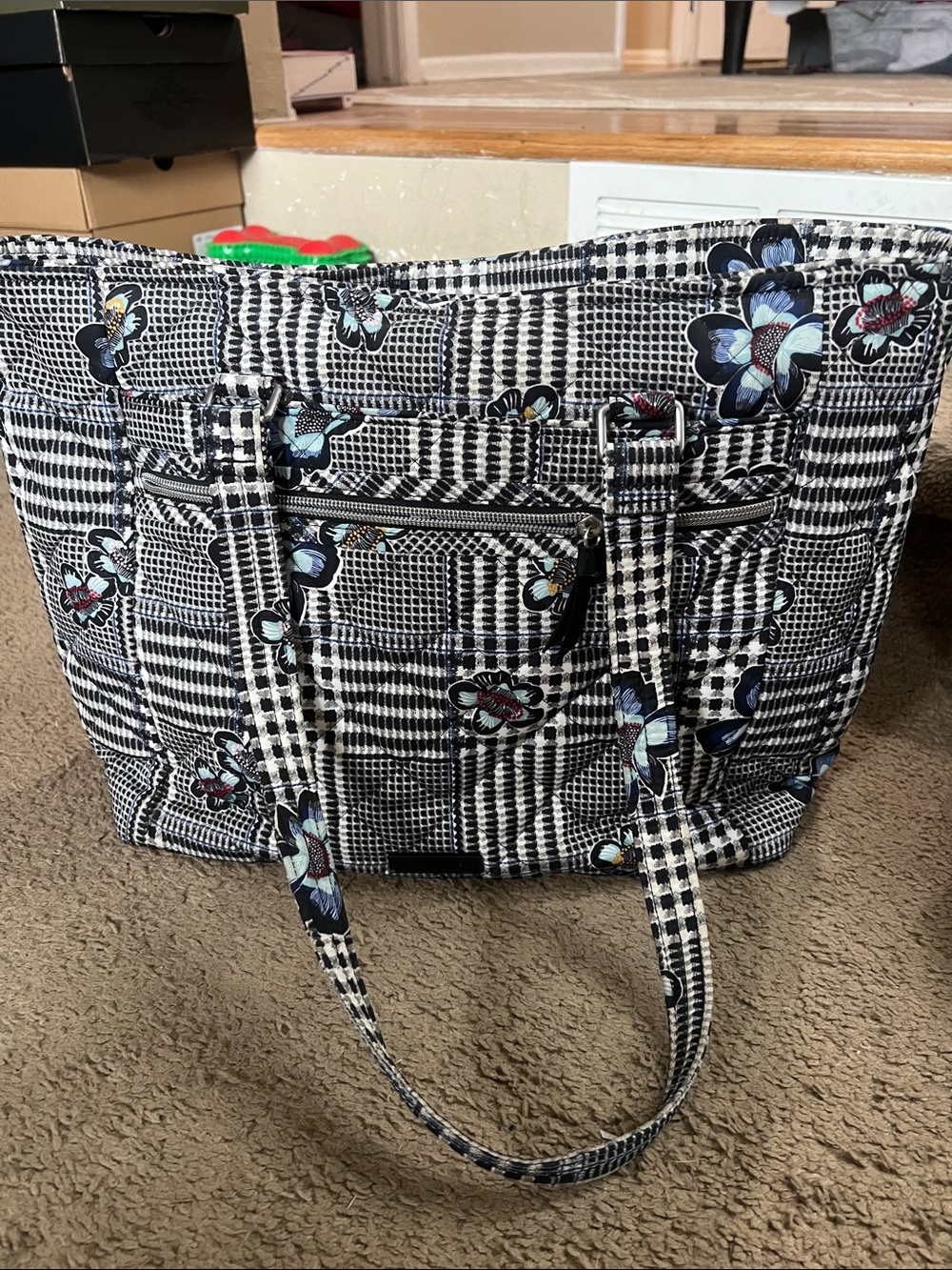 Vera Bradley Black & White Checkered Tote with Blue Floral Accents